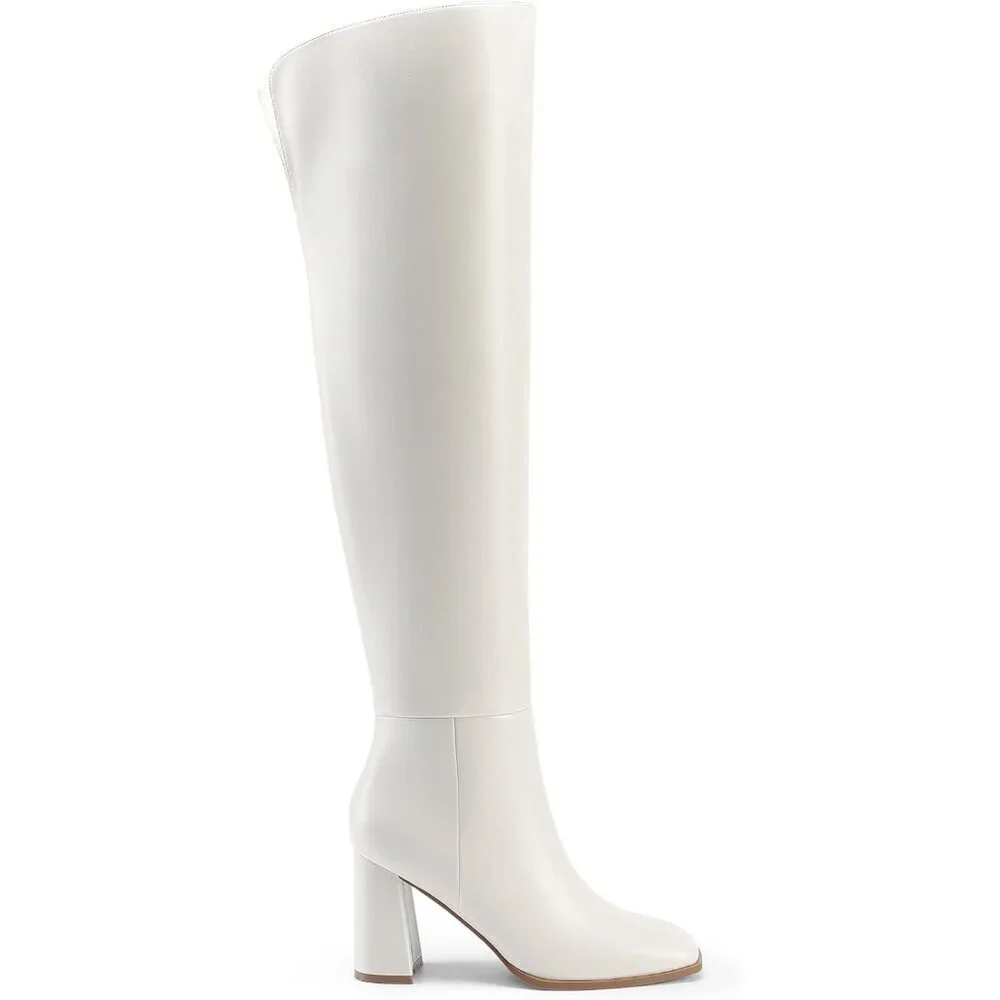Women's White Faux Leather Thigh High Block Chunky Heeled Knee High Long Boots